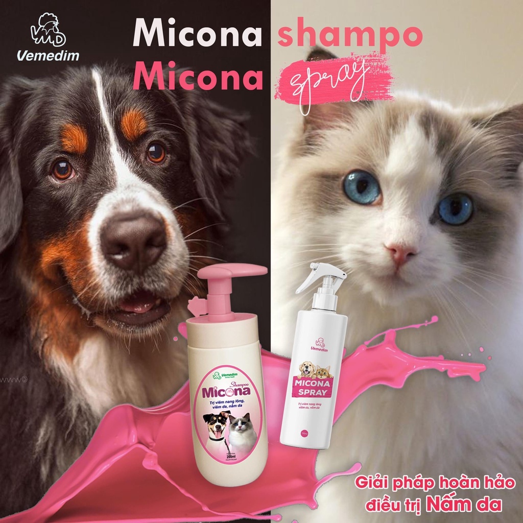 Sữa tắm chó mèo viêm da nấm Vemedim Micona 200ml, chăm sóc lông thú cưng Con Mèo Xiêm