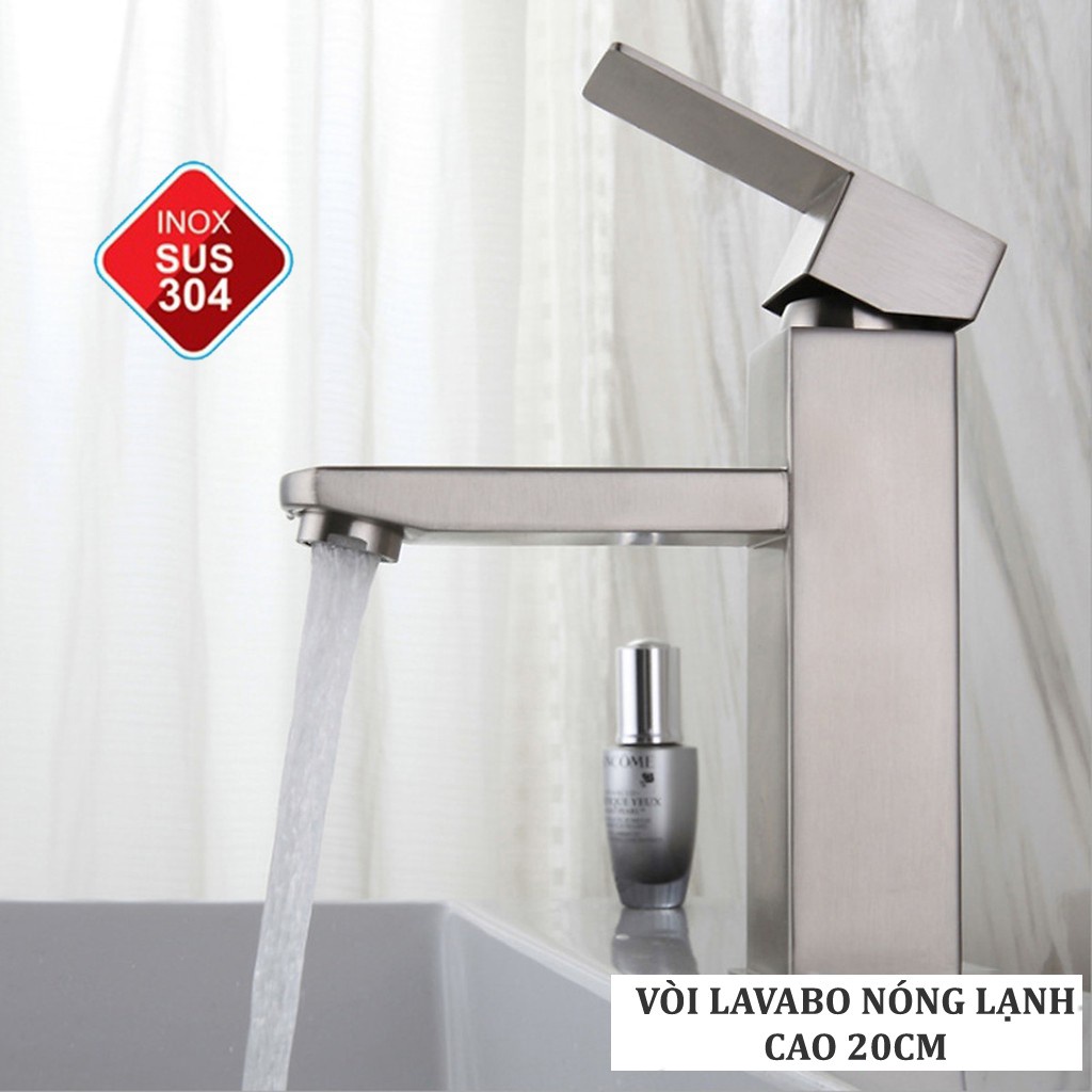 Vòi chậu rửa mặt, vòi Lavabo nóng lạnh thân vuông chất liệu Inox 304 mờ loại cao 20cm và 30cm + Tặng kèm dây cấp nước