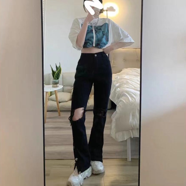 Quần jean ZHELIHANGFEI lưng cao dáng rộng dài cỡ lớn xẻ tà phong cách thời trang đường phố cá tính