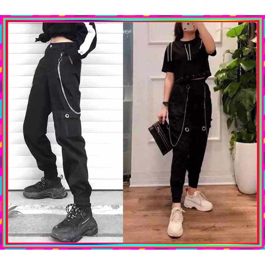 Quần Jogger Kaki Túi Hộp/Quần Jogger Nam Nữ Túi Hộp Phối Dây Xích Vải Kaki 2021