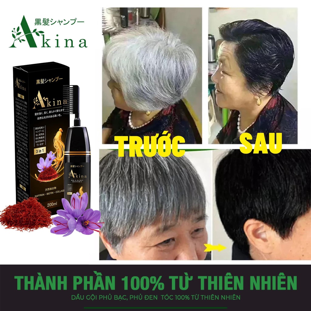 Dầu Gội Lược Chải Phủ Bạc Akina 3 trong 1 của Nhật Bản 200ml giúp tóc đen tự tin sau 9 phút
