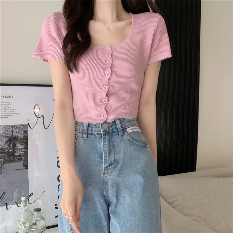 Áo Cardigan Dệt Kim Ngắn Tay Cổ Vuông Màu Sắc Ngọt Ngào Cho Nữ OOP13