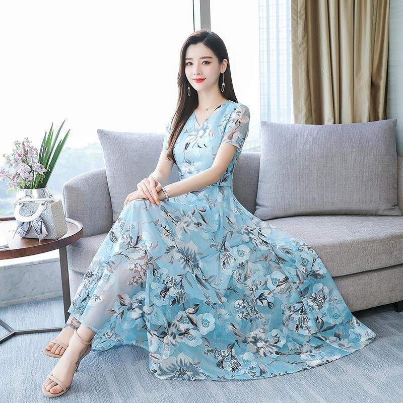 Đầm Chiffon Dáng Dài In Họa Tiết Phong Cách Phương Tây Thời Trang Mùa Hè Mới Cho Nữ 2021 30-40 Tuổi