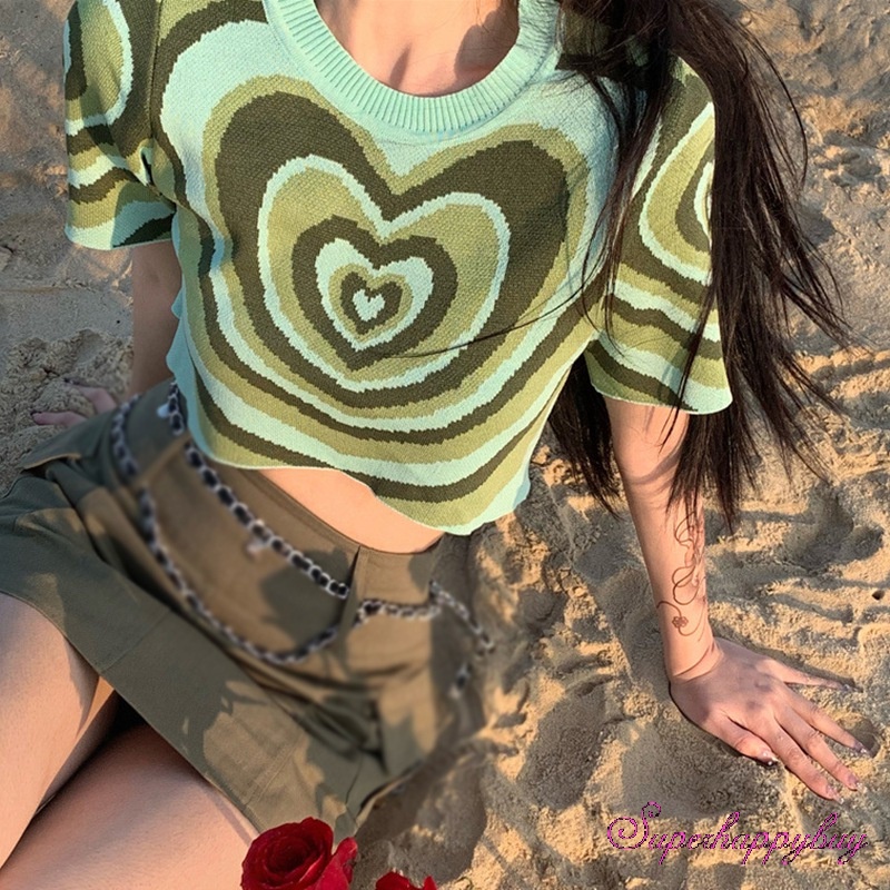 Áo Thun Dệt Kim Tay Ngắn Cổ Tròn In Hình Trái Tim Thời Trang Cho Nữ