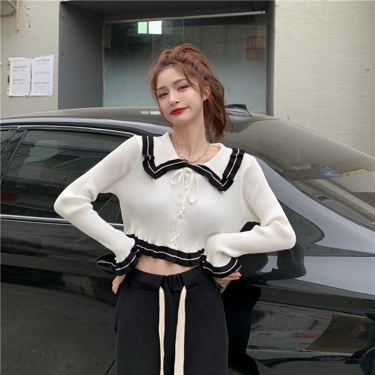 【ZHELIHANGFEI】 / Áo Sweater Dệt Kim Cổ Búp Bê Dáng Ôm Thiết Kế Cột Dây Kiểu Retro Thời Trang Xuân Hè Cho Nữ