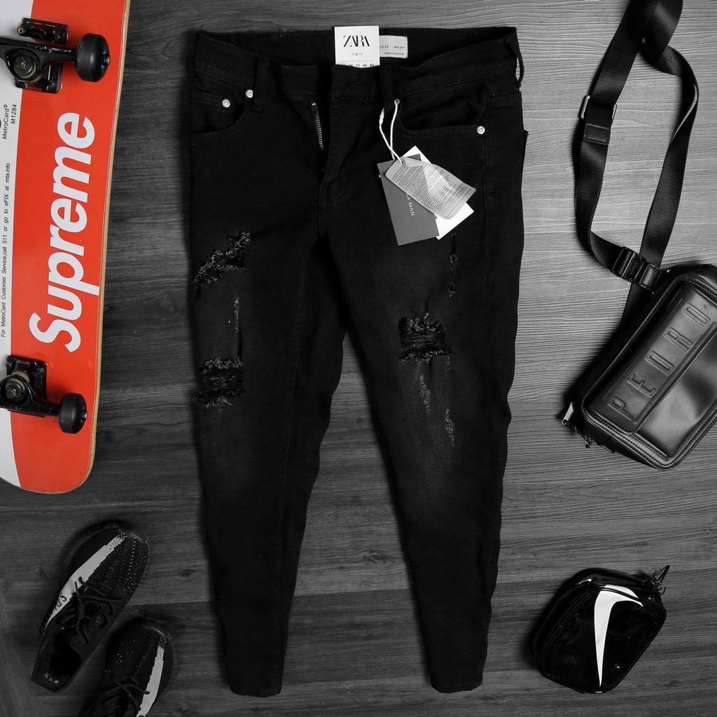 Quần Jeans Nữ Cạp Cao Chát Co Dãn Màu Đen xước