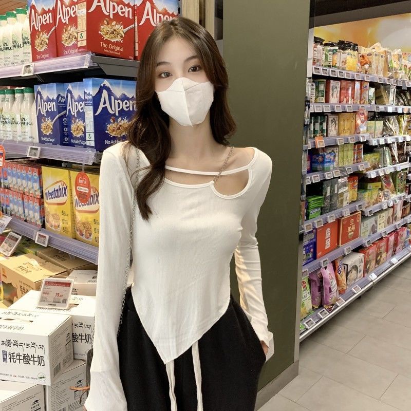 Jiashucheng Áo Thun Mỏng Tay Dài Phối Dây Xích Thiết Kế Khoét Rỗng Thời Trang Cho Nữ