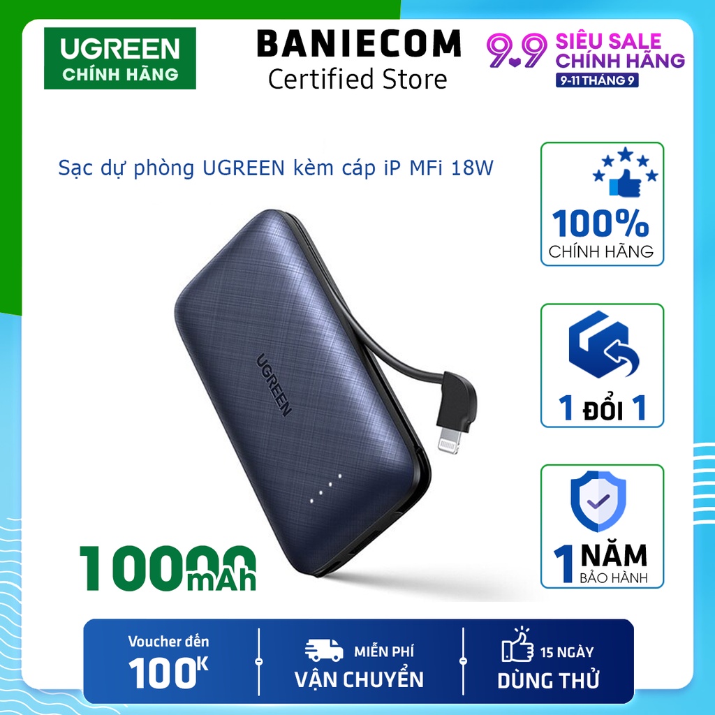 Pin sạc dự phòng mini 10000mAh kèm cáp iphone 2 cổng UGREEN 80749X - PD + QC 3.0 18W Sạc nhanh iPhone 12 50% pin 30'