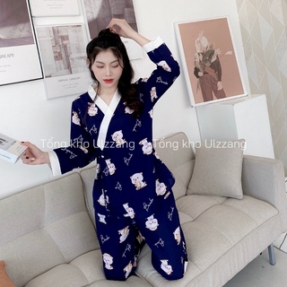 Bộ Ngủ Pijama Kimono Dài Tay Phối Viền Họa Tiết Dễ Thương