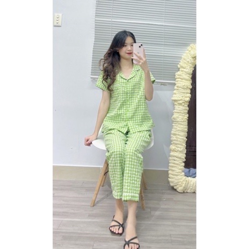 Bộ pijama chất đũi xốp kẻ áo cộc quần dài mặc nhà siêu xinh hàng thiết kế cao cấp