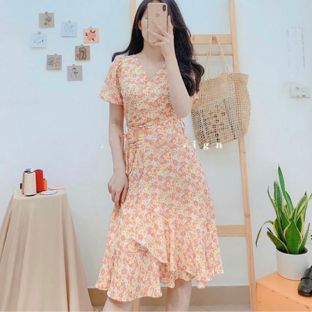 Váy hoa cưm voan tơ buộc eo