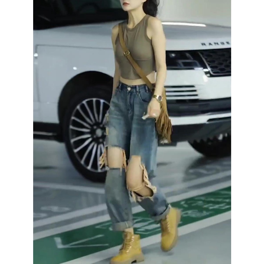 Quần Jean Rách Lưng Cao Ống Rộng Phong Cách Retro Mỹ Plus Size Cho Nữ