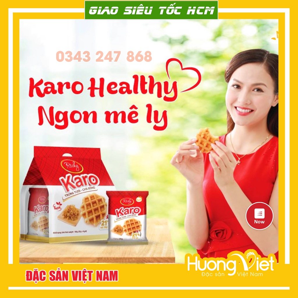 Bánh Karo Richy trứng tươi chà bông sợi gà túi 156g (6 gói x 26g) Date mới, bánh trứng tươi karo mềm ngon, bánh caro