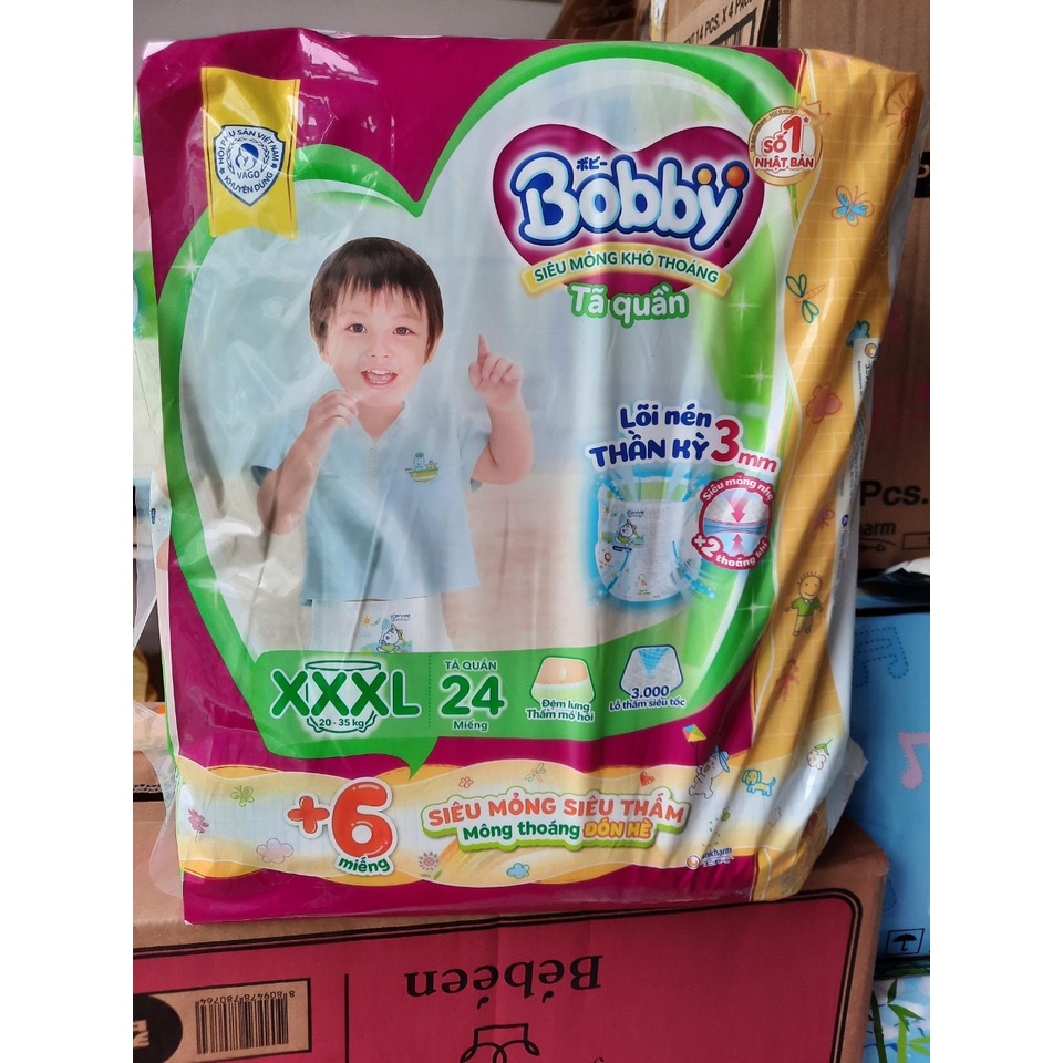 [TẶNG 6 MIẾNG]Tã quần bobby size XXXL 24 miếng tặng kèm 6 miếng,bĩm quần bobby siêu thấm xxxl24 miếng cho bé 20-35kg