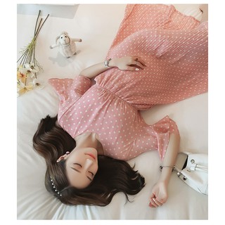 Đầm Bầu Voan Hồng Chấm Bi