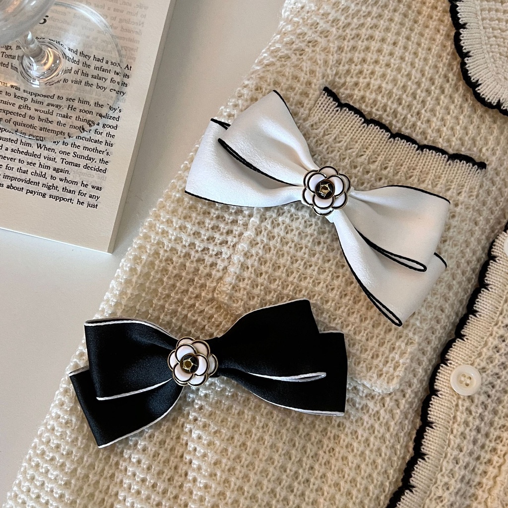 Kẹp Tóc Hình Nơ Hoa Trà Đen Trắng Phong Cách Retro Mùa Xuân Mới