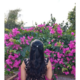 Nơ vải kẹp tóc, cột tóc màu đen đính đá (có lưới búi tóc)