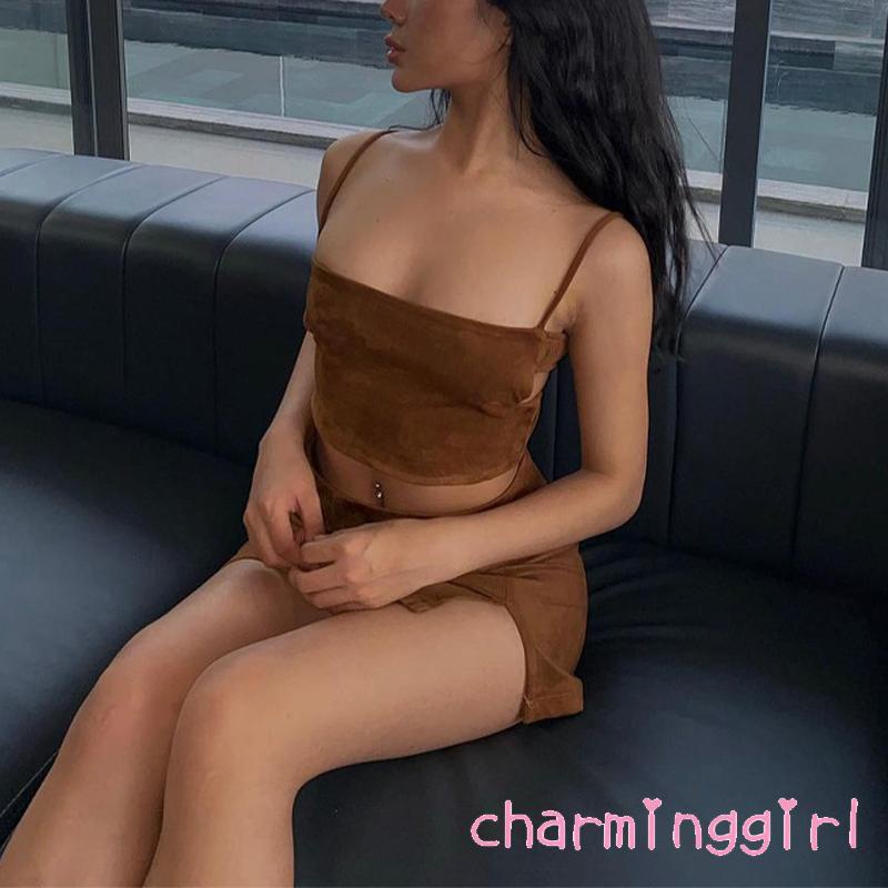 Set áo hai dây và chân váy ngắn lưng cao co giãn màu trơn thời trang mùa hè dành cho nữ