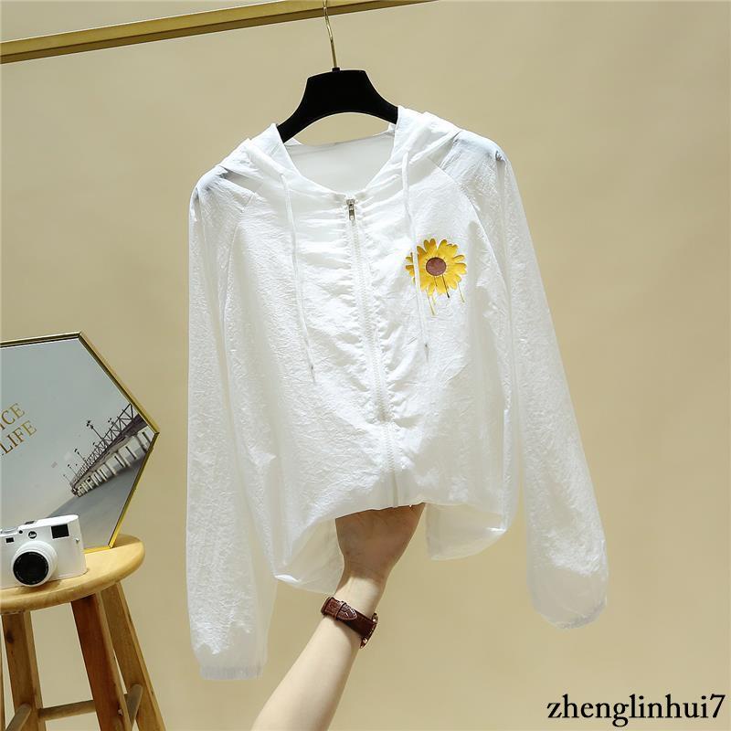 New ultra-thin solid color sun-protective jacket with hooded mini chrysanthemum pattern