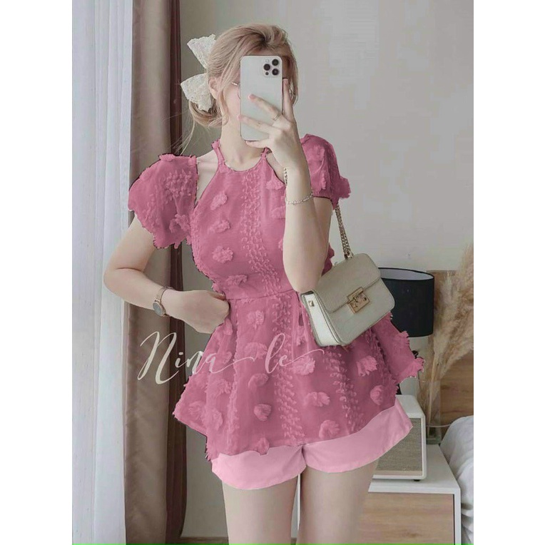 (FreeShip 2022) bộ nữ khoét vai cột yếm,bộ hoa nổi ôm eo dưới xòe kèm quần for siêu xinh,tone màu dễ thương