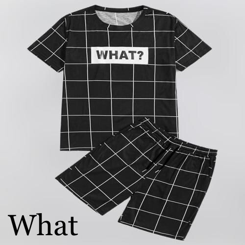 Bộ quần áo thể thao nam mẫu What, Đồ bộ mặc nhà quần đùi áo cộc tay cổ tròn thấm hút mồ hôi - Thun Hè 3D