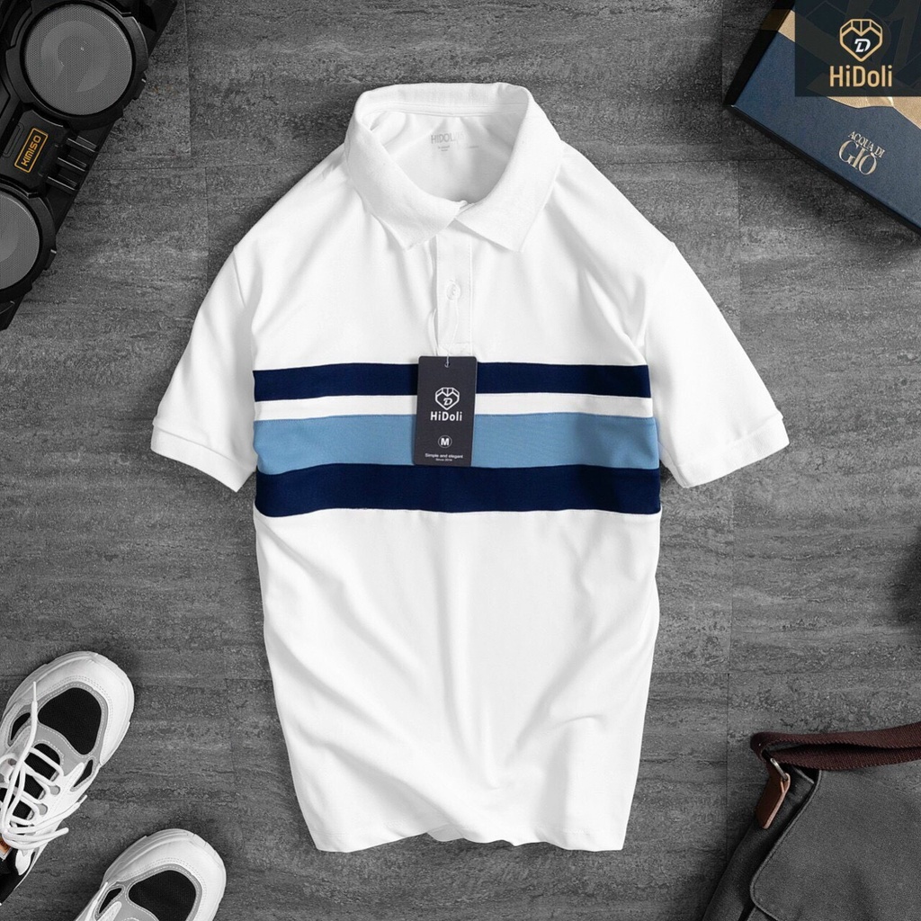 Áo thun polo nam họa tiết in sọc ngang màu trắng TVT store