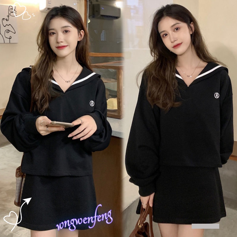 Set Áo Cổ Thủy Thủ + Chân Váy Thêu Họa Tiết Thời Trang Cho Nữ
