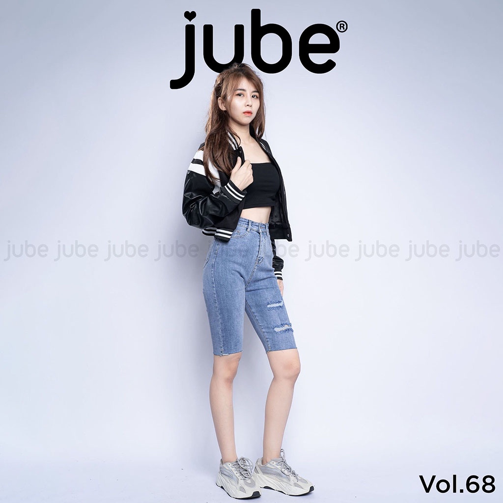 Quần Jean Ngố Nữ Lưng Cao JUBE Vol.68, Quần Lửng Nữ Skinny Rách Cắt Gấu Vải Jeans Giãn Hack Dáng, BST Signature Jeans