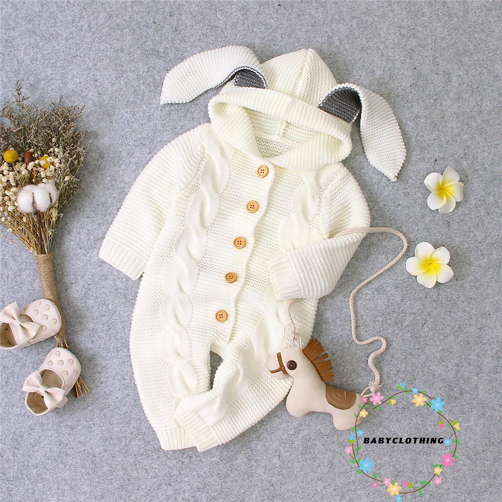 Bộ áo liền quần dệt kim giữ ấm thời trang thu đông với thiết kế tai thỏ dễ thương cho bé