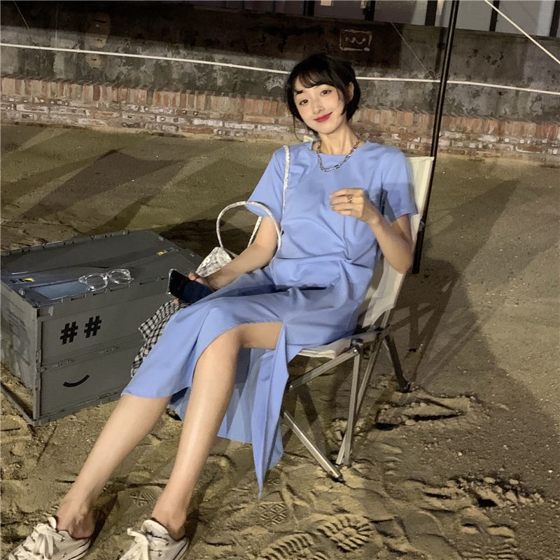 Đầm thun dài IELGY dáng rộng xẻ tà kiểu đơn giản thời trang cho nữ