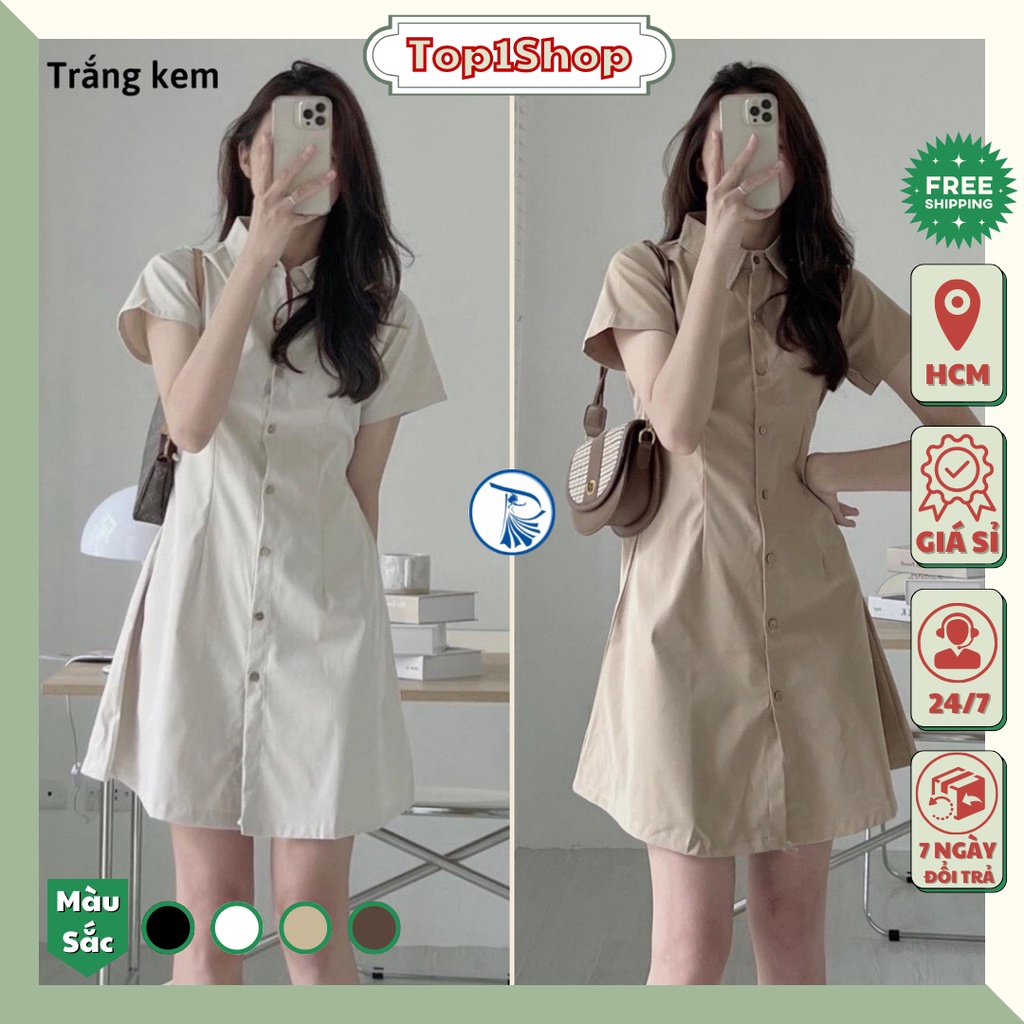 Đầm váy nữ basic Top1shop cổ sơ mi cài cúc chiết eo lưng chun, váy nữ cộc tay nhiều màu