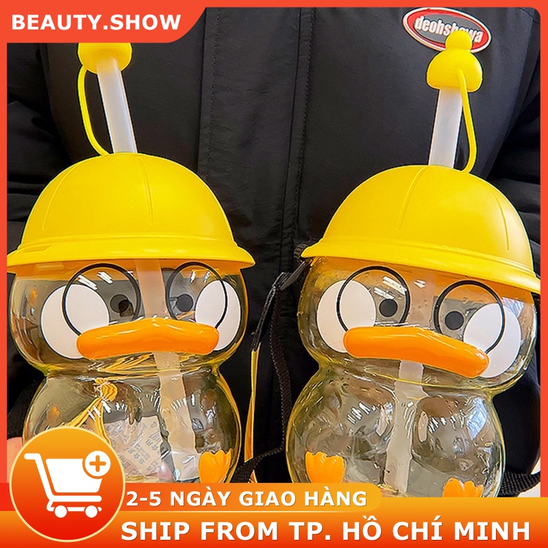 Bình nước hình chú vịt hoạt hình dễ thương có ống hút an toàn cho bé dung tích 1200ml