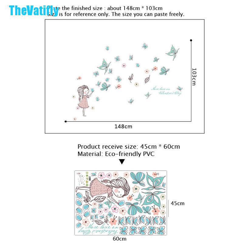 Decal dán tường Họa Tiết Cô Gái Và Bướm Hoạt Hình Dùng Trang Trí Phòng