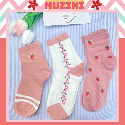 Tất cổ cao Muzini vớ nữ tone hồng in hoạt tiết hoa nhẹ nhàng cực đẹp TN212
