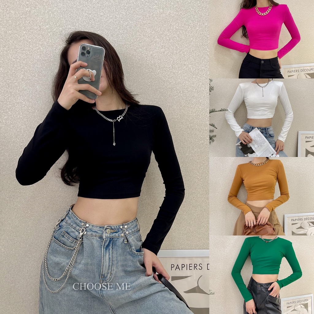 Áo Croptop Đệm Vai Nhiều Màu, Áo Thun Croptop Dài Tay Sành Điệu - Choose Me KLP