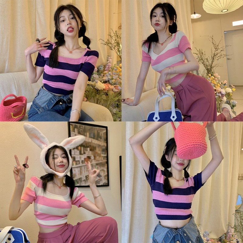 Áo Croptop Dệt Kim Tay Ngắn Cổ Vuông Họa Tiết Kẻ Sọc Thời Trang Mùa Hè Hàn Quốc Cho Nữ