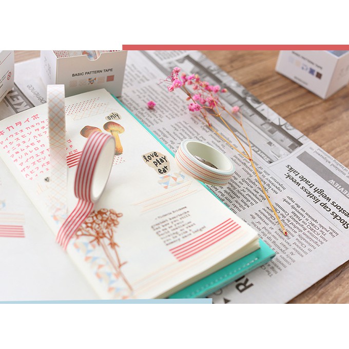 Hộp 5 cuộn washi tape mẫu hoa văn cơ bản