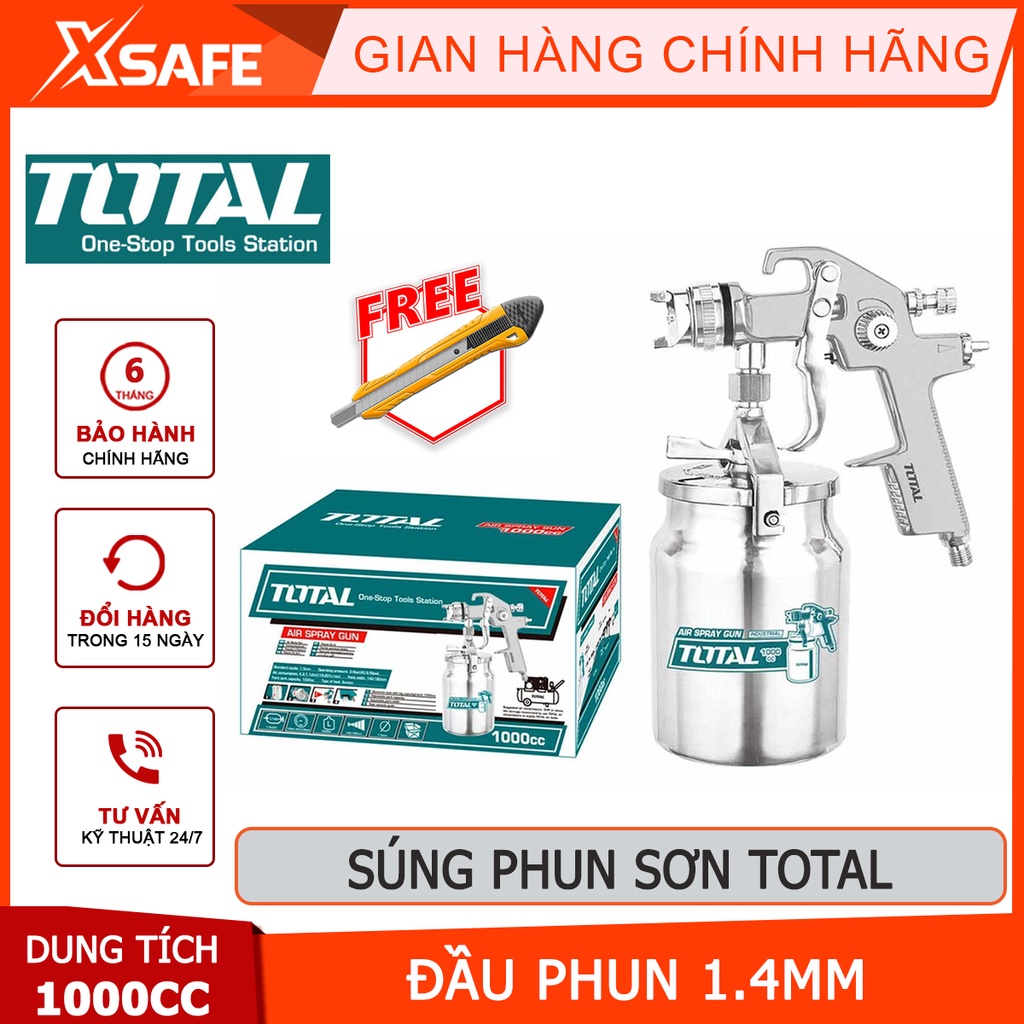 Súng phun sơn khí nén TOTAL TAT11004 Bình phun sơn đầu phun tiêu chuẩn 1.4mm, kèm đầu nối châu Âu, Hoa Kỳ, Nitto và Ý