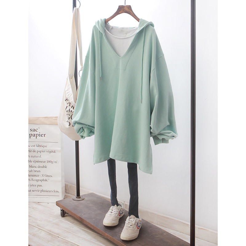 Áo Hoodie Nữ Tay Dài Cổ Chữ V Dáng Rộng Phong Cách Hàn Quốc