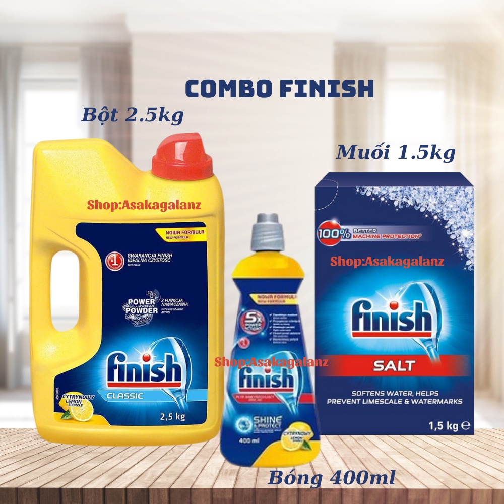 [MỚI 2021]Combo rửa bát Finish: Bột 2.5kg, Muối 1.5kg, Nước làm bóng 750ml - Nhập khẩ