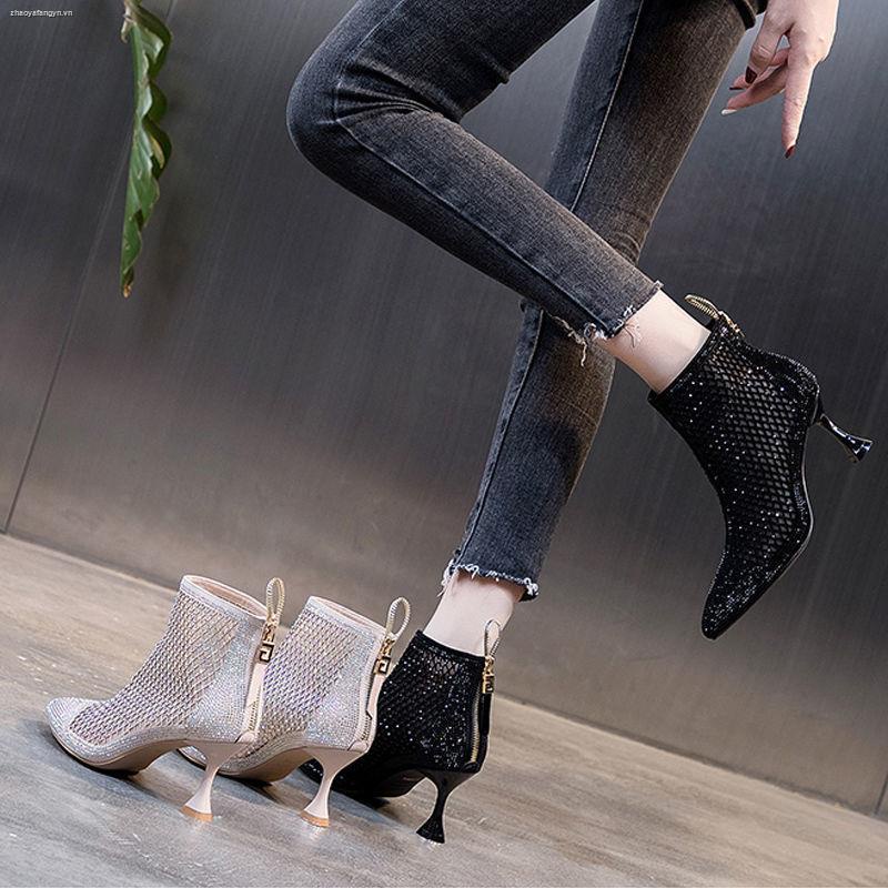 Giày bốt cao gót phối lưới rỗng phong cách mùa hè thời trang cho nữ