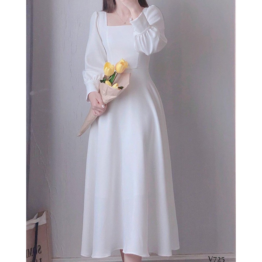 Đầm đi tiệc Đầm maxi xòe cổ u dự tiệc vintage đầm trắng quý cô