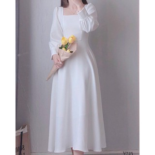 Đầm đi tiệc Đầm maxi xòe cổ u dự tiệc vintage đầm trắng quý cô