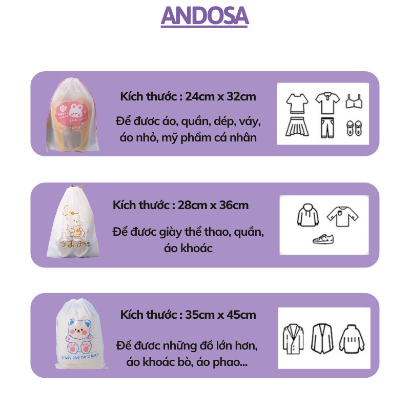 Túi dây rút in hình gấu cute chống nước túi zip đựng mỹ phẩm đồ cá nhân quần áo giầy dép ANDOSA TCN11