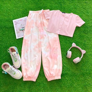Set áo croptop nút + quần jogger loang màu / Set croptop + jogger pant tiedye
