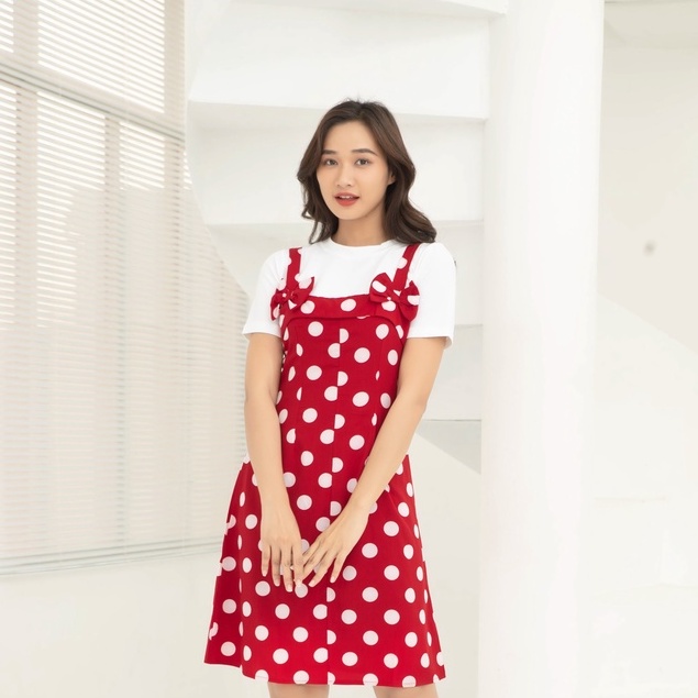Đầm Nữ NHẬT VY Chấm Bi Phối Nơ Chất Lụa Đi Chơi Dáng Suông Màu Đen, Hồng, Đỏ KHÔNG KÈM ÁO - D1870