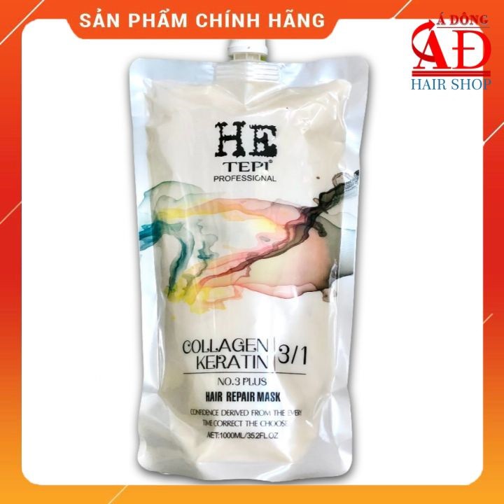 [Chính hãng] [New] Hấp dầu phục hồi tóc He Tepi Collagen Keratin 3 in 1 siêu mềm mượt chính hãng 1000ml (Trắng)