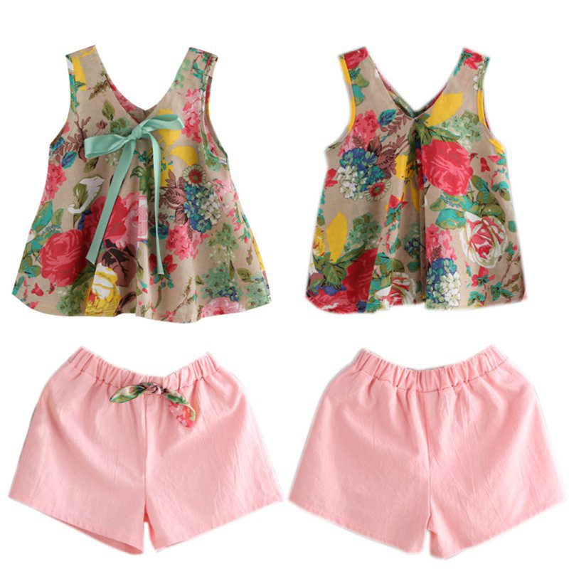 Bộ quần short + áo sát nách hoa cho bé gái
