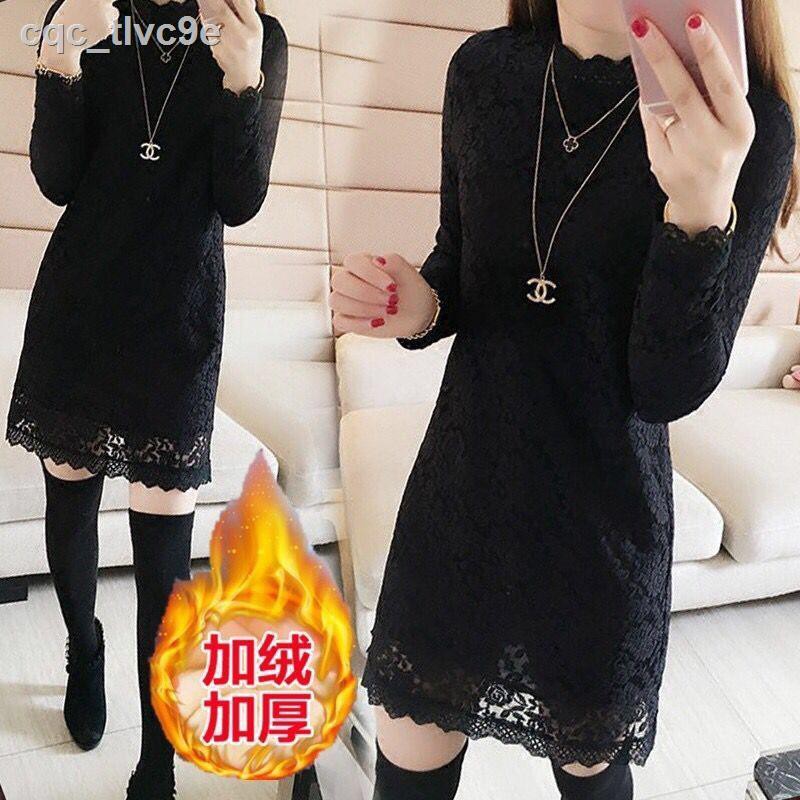 Autumn and winter large size high neck long-sleeved lace shirt plus velvet padded top Mid-length bottoming women s dress