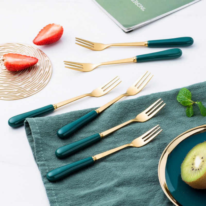 Bộ 6 nĩa bằng thép không gỉ mạ vàng và ống gốm dùng ăn bánh kem / trái cây